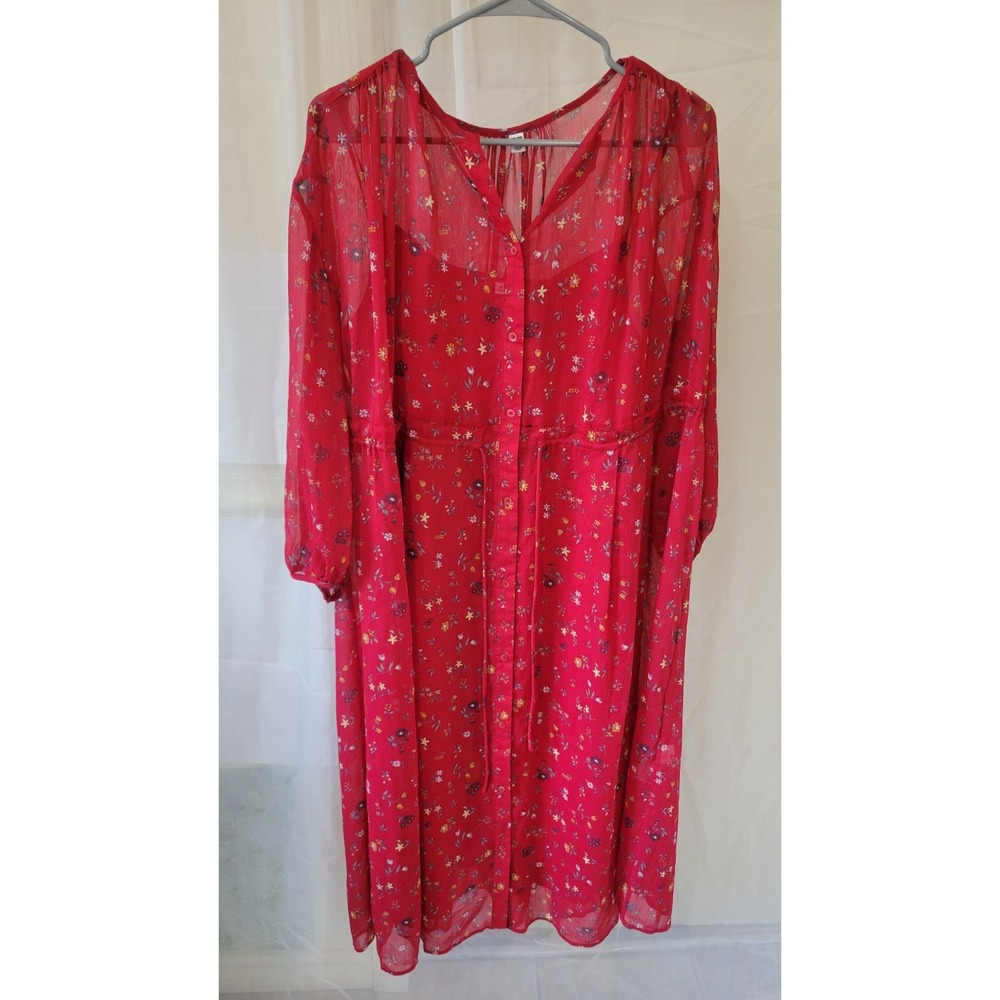Uniqlo Sheer Women Drawstring Waist Button Down Red Floral Boho Midi Dress, sz M